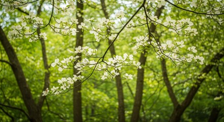 Fototapeta premium White Blossoms on Green Branches in a Forest