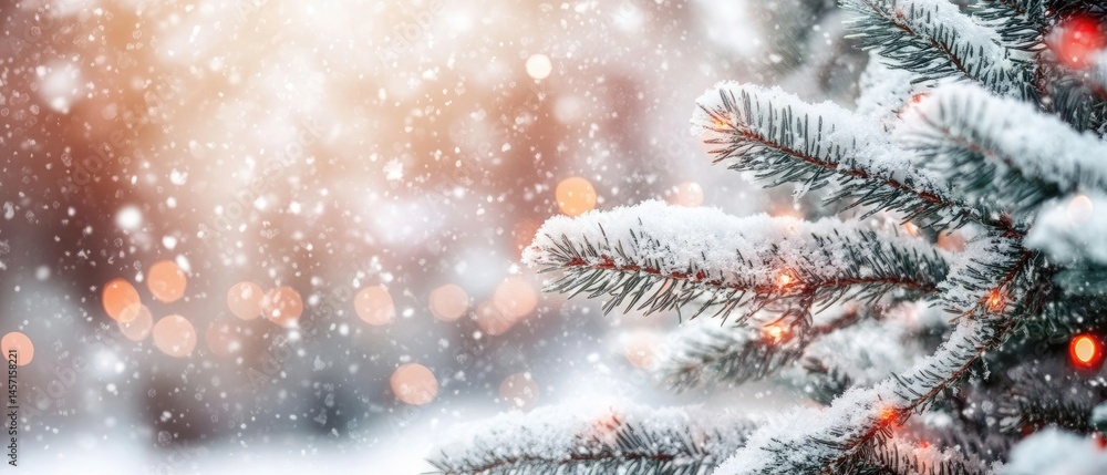 Poster snowy fir tree branch with bokeh lights and snowflakes during wintertime