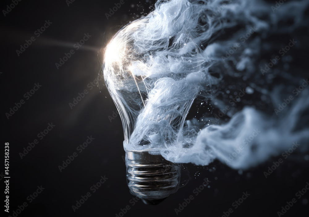 Poster glowing light bulb emits swirling smoke, creating artistic and dynamic visual effect against dark ba