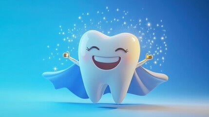 Happy cartoon tooth wearing a superhero cape sparkles joyfully  