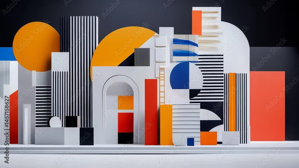 Poster abstract geometric cityscape design with colorful structures and modern shapes on a dark background 