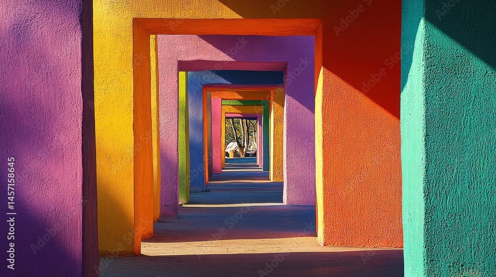 Poster colorful archways receding into the distance creating a visual path