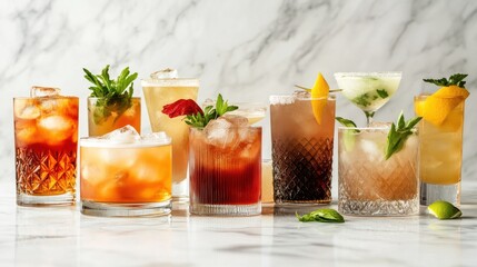 Fototapeta premium Colorful cocktails with ice, fruit, and herbs on marble counter