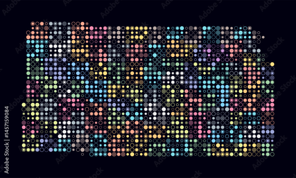 Poster kansas, shape of the state build of colored cells. digital style map of the kansas on dark backgroun