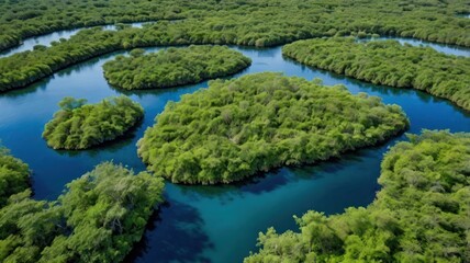 Lush islands nestled within a winding river system.  Tranquil waterways, vibrant green vegetation, and clear turquoise water, forming a beautiful natural landscape