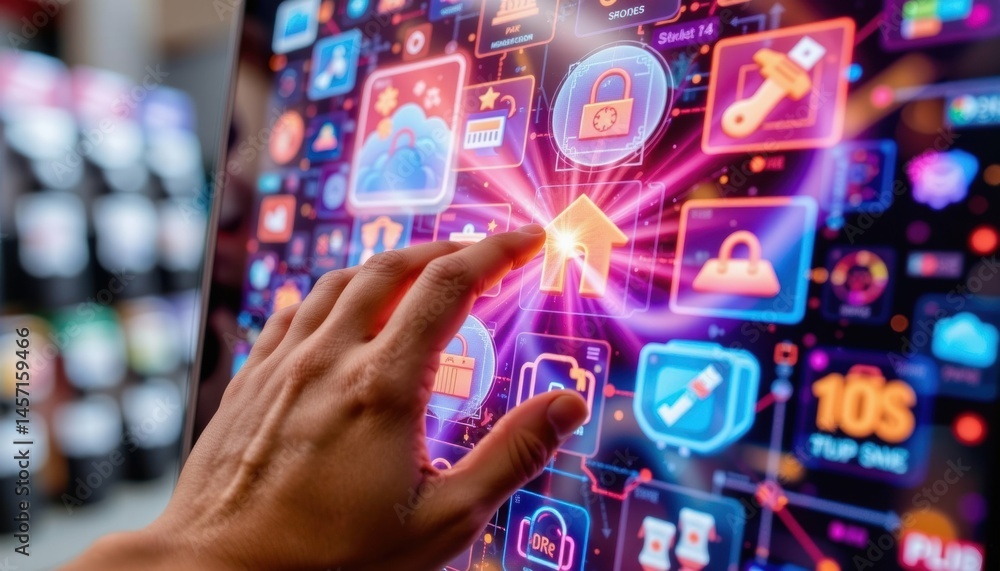 Poster interactive digital security interface technology hub visual artwork modern space close-up user enga