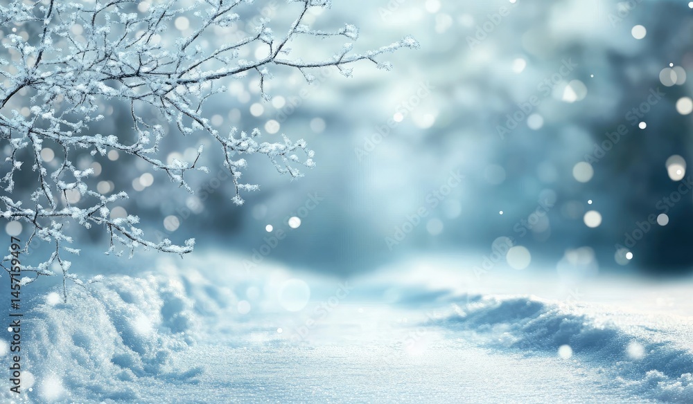 Poster snowy path in winter wonderland with ice covered branches and bokeh lights