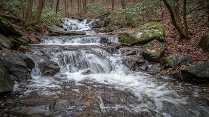 Obraz premium Water cascades gently down rocks through a lush wooded natural area