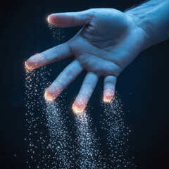 A dramatic artistic photograph of a human hand with glowing white particles falling from it against a dark blue background.