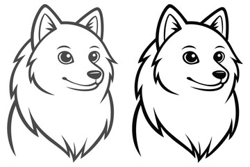 Two black and white cartoon spitz dog heads stare with friendly eyes and smiles