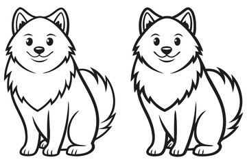 Two adorable cartoon dogs are smiling joyfully in black and white outline style