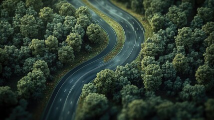 Winding asphalt road through a lush forest canopy.