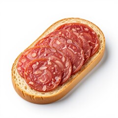 Obraz premium sliced ​​salami on bread, white background