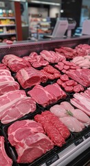 Variety of Fresh Meat Cuts Displayed in a Supermarket