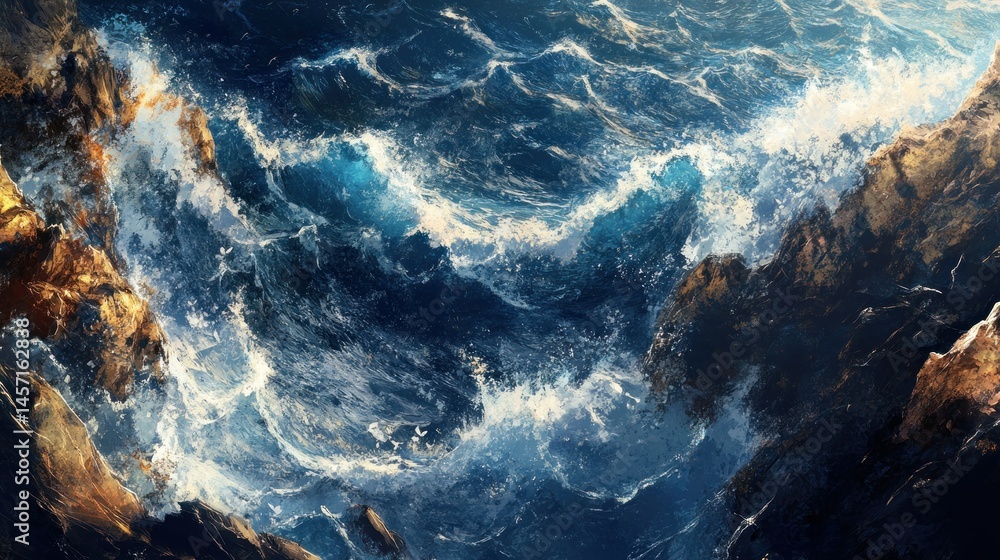 Poster a powerful ocean view with rocky cliffs and crashing waves