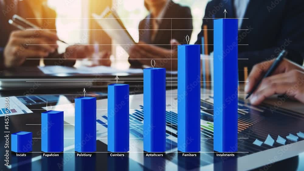 Poster team analyzing financial data with bar graph overlay depicting business performance