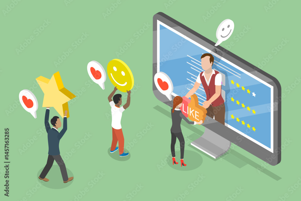 Poster 3d isometric flat vector illustration of user reviews, concept of customer feedback enhancing custom