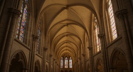 Fototapeta premium Gothic Cathedral Interior with Stained Glass Windows