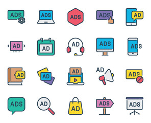 Filled outline icons set for Ads marketing