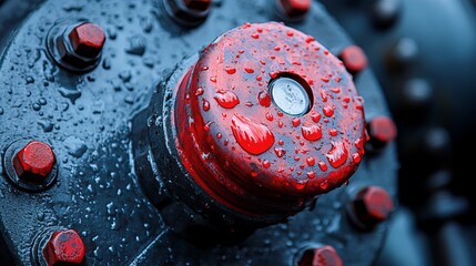 Red industrial component closeup water droplets metal nut wet bolt dark blue part iron screw shiny