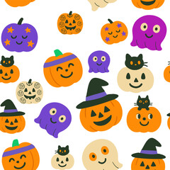Naklejka premium A seamless 1x1 Halloween background featuring pumpkins, ghosts, black cats, and festive symbols in a naive children's doodle style.