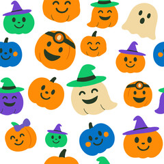 Naklejka premium A seamless 1x1 Halloween background featuring pumpkins, ghosts, black cats, and festive symbols in a naive children's doodle style.
