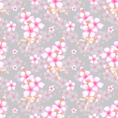 Hand drawn watercolor cherry blossom bouquet seamless pattern isolated on grey background. Can be used for textile, fabric, scrapbook and other printed products.
