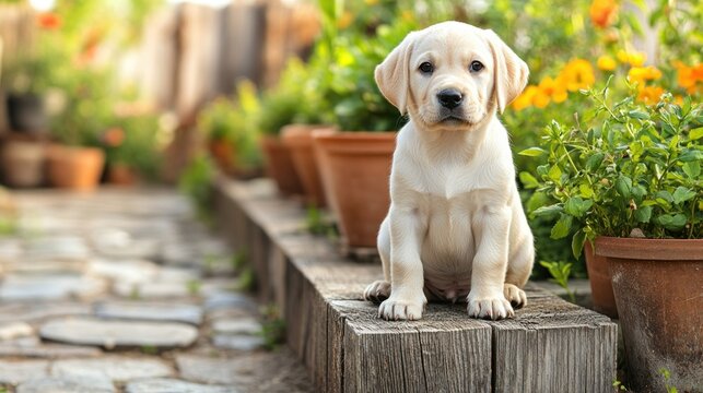 Adorable yellow lab puppy sits on garden wood