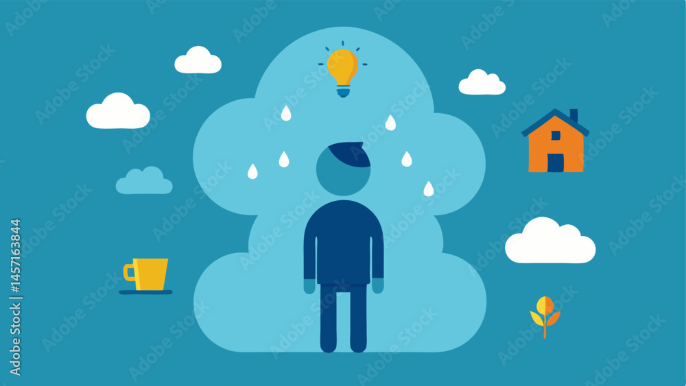 Poster clouds of worry a figure standing under a cloud filled with icons representing worries and responsib