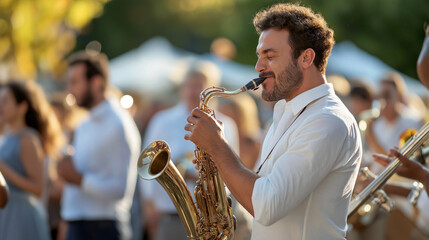 Jazz band performs lively tunes at summer festival with enthusiastic crowd enjoying the outdoor atmosphere