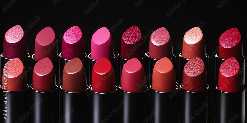 Poster Close up view of various shades of lipstick displayed neatly Generative AI