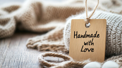 Wooden tag with the inscription handmade with love displayed on a knitted garment, promoting the concept of handcrafted items and small businesses