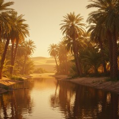 Obraz premium Golden Hour Oasis: Calm River Reflecting Sunset Light Through Lush Palm Trees
