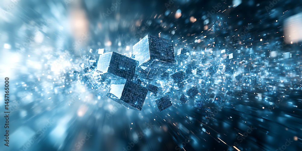 Poster abstract data cubes floating in blue light with particle effects conveying technology and innovation