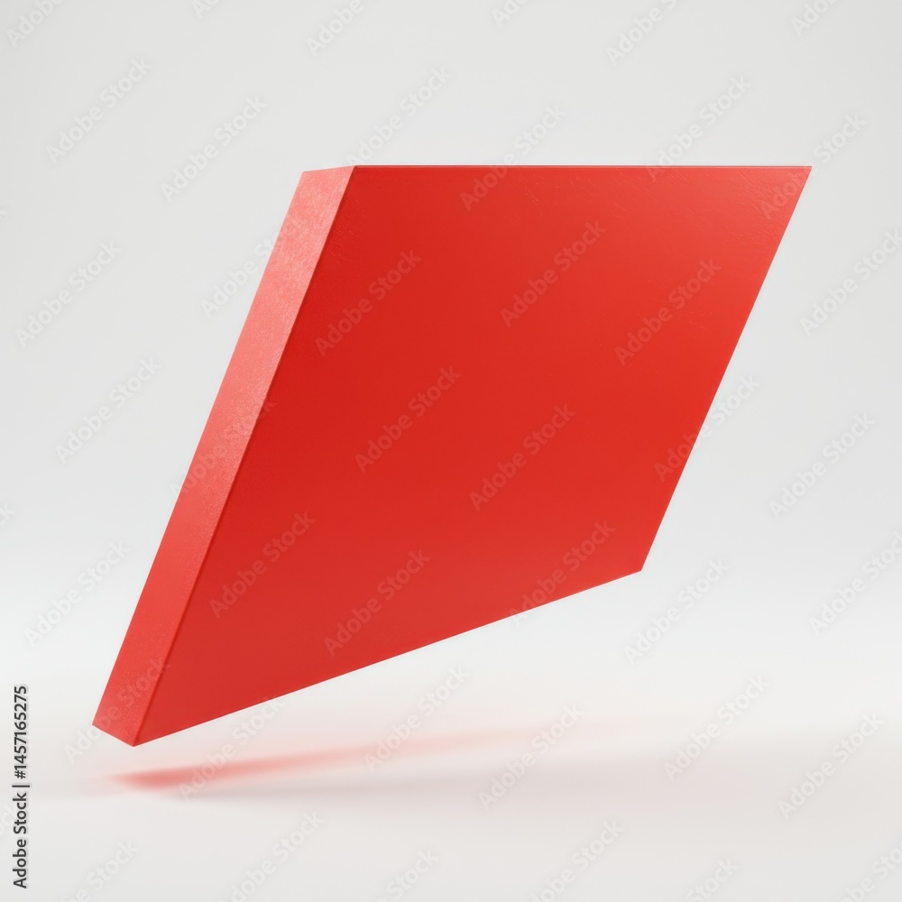 Poster a digitally rendered image of a red parallelogram hovering against a white background in a studio se