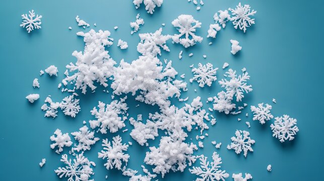 White crystal snowflakes on teal background winter design festive season ice art blue cold frost