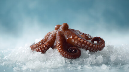 Chilled raw octopus with curled tentacles glistening on a bed of ice, showcasing a minimalist seafood counter setting with a cool blue background
