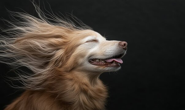 A golden retriever dog delights in the sensation of the wind blowing through its fur with its eyes closed