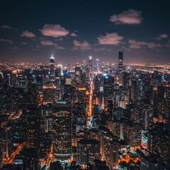 Obraz premium Night Cityscape: Aerial View of Illuminated Urban Skyline