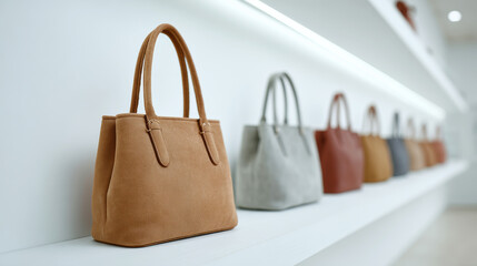 Designer handbags neatly displaying minimalist fashion, positioned on glossy retail shelves within contemporary boutique interior