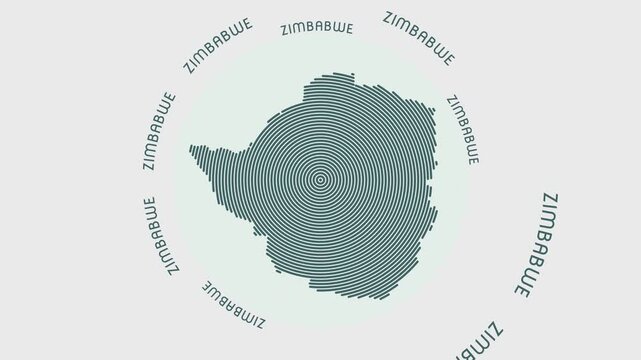 Zimbabwe shape with dynamic circles visual effect. Animation of Zimbabwe logo appearing from rotating rings and Country name around the shape. Intro, opening, closing, logo video.