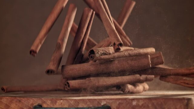 Cinnamon sticks fall on the table. Filmed on a high-speed camera at 1000 fps. High quality FullHD footage
