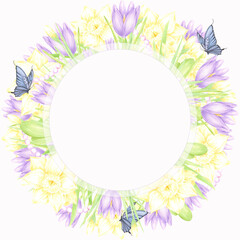 Hand drawn watercolor daffodil and crocus with butterflies and pearls wreath frame border isolated on white background. Can be used for postcard, invitation, scrapbook and other printed products.