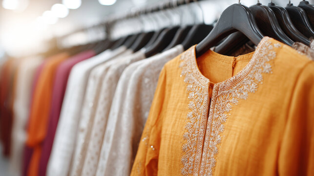 Traditional Indian women's attire hanging gracefully, featuring embroidered lehengas and colorful kurtis against clean, neutral background