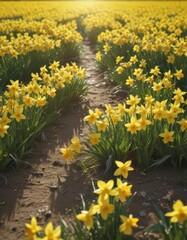 Obraz premium Glistening daffodil petals, sunny field, cheerful yellow blooms , bright, daffodil bloom, nature