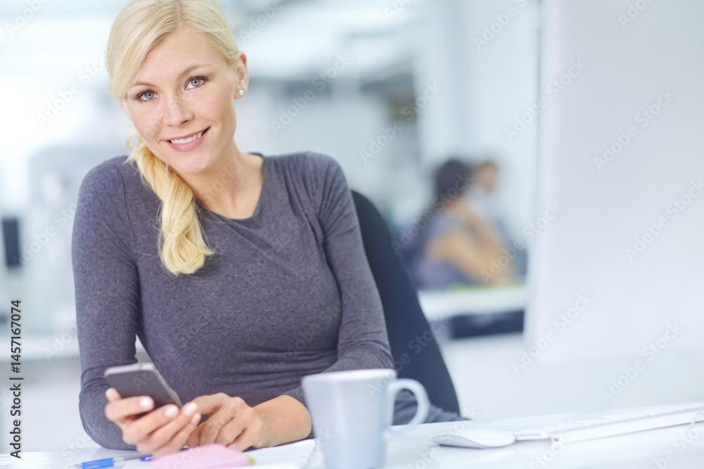 Poster phone, portrait and smile with business woman at desk in office for communication or networking. com