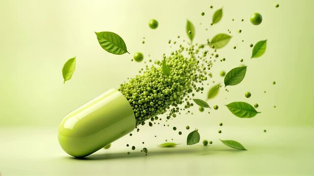 Green capsule pill bursting with natural herbal particles and fresh leaves on light background. Botanical supplement for health, wellness and nutrition. Organic medicine with plant extract