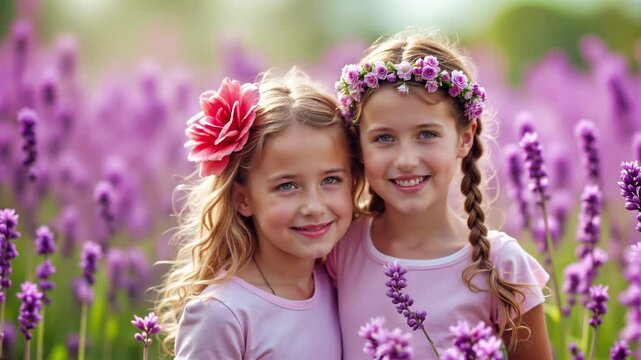 Two smiling blonde sisters with blue eyes wearing pink tops in lavender field. Girls with floral crown and flower in hair posing together. Childhood friendship portrait with purple blossoms during