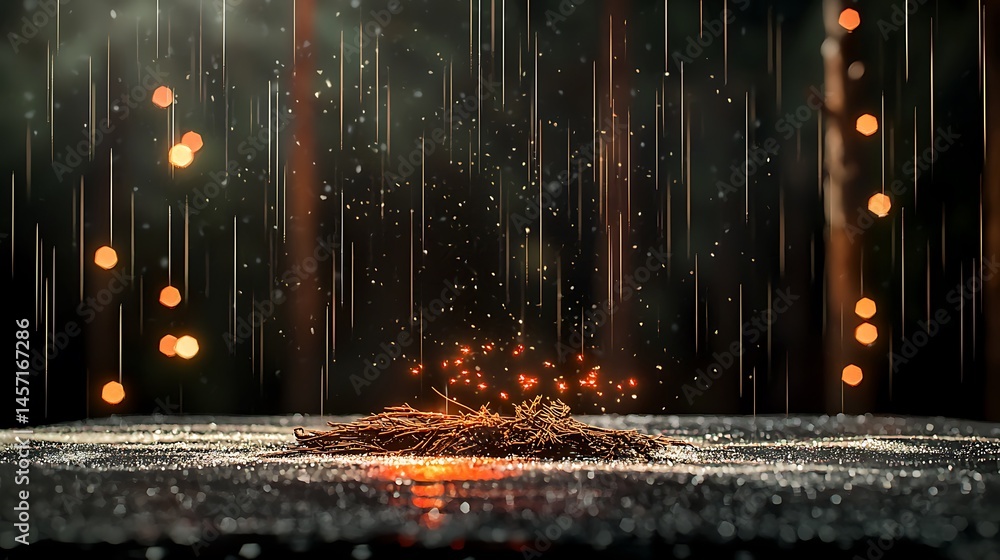 Poster sparkling embers on a wet surface with rain and bokeh lights creating a mystical atmosphere