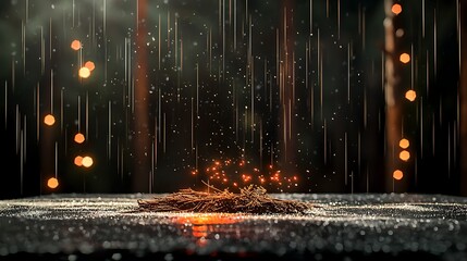 Sparkling embers on a wet surface with rain and bokeh lights creating a mystical atmosphere